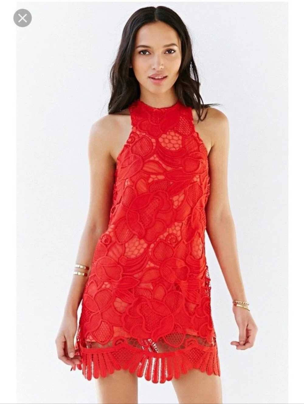 $180 LOVERS + Friends | revolve | Caspian Red Scalloped Lace Mini Dress
